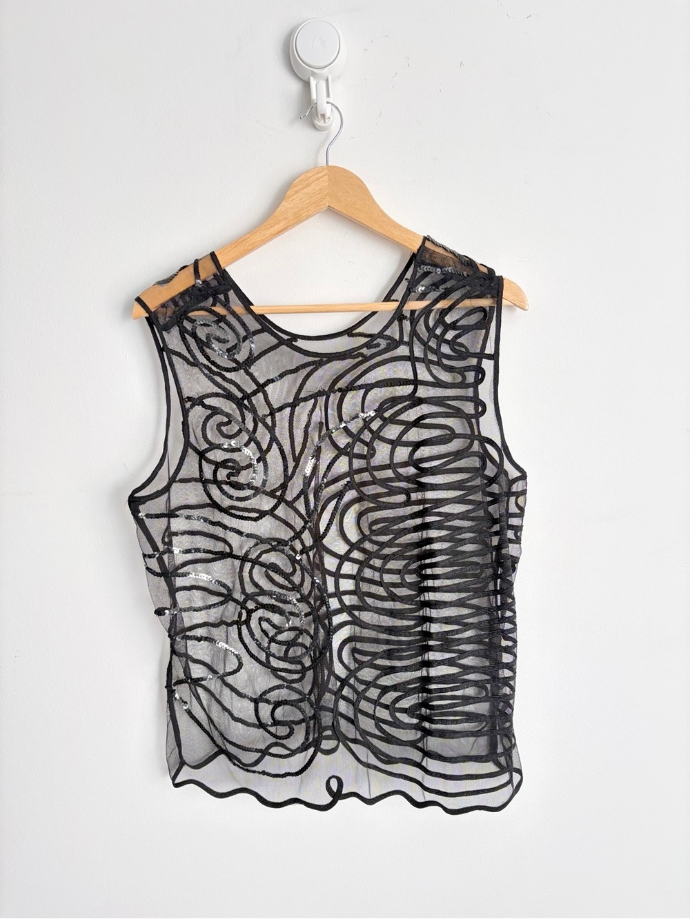 Vintage 90s Black Sheer Mesh Sequin Swirl Top Camisole Avant Garde M